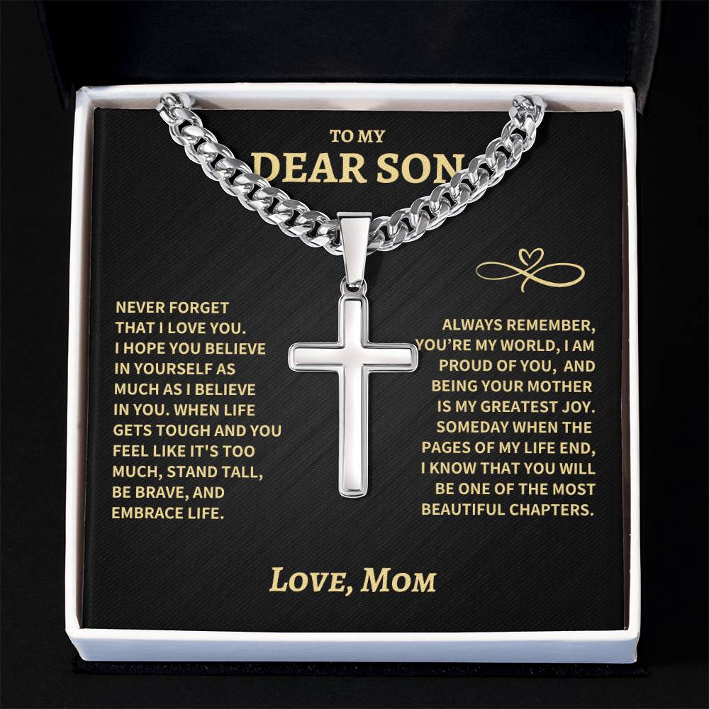 Son Gift From Mom, "Beautiful Chapters", Cuban Chain Artisan Cross Necklace